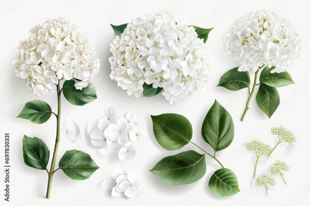 Poster a bunch of white flowers and leaves arranged on a white surface. suitable for various uses