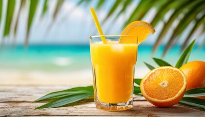 Fresh orange juice glass on a wooden table top with blurred tropical palm leaves and summer beach	
