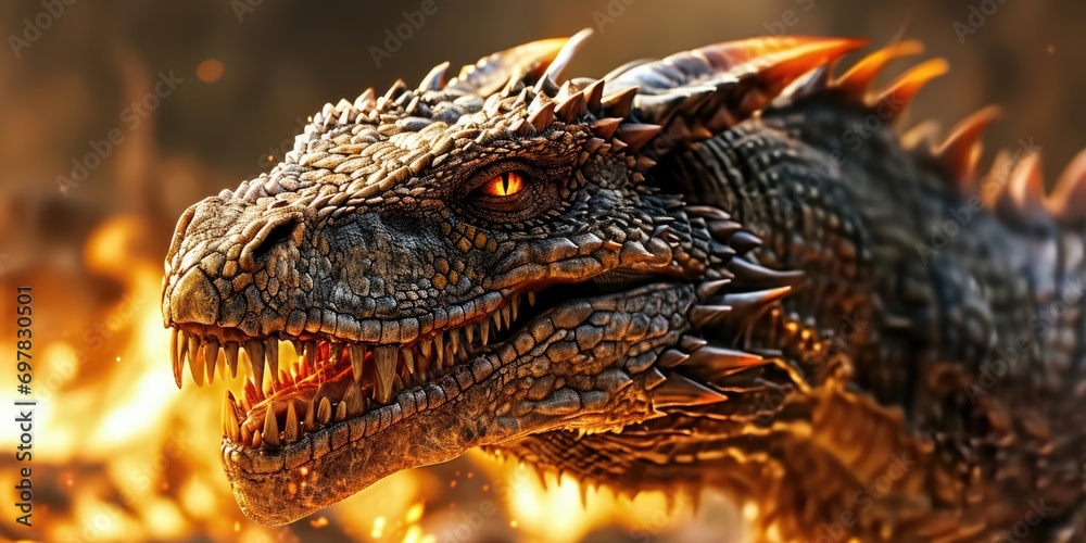 Poster A close up view of a dinosaur with a fiery background. Suitable for various applications