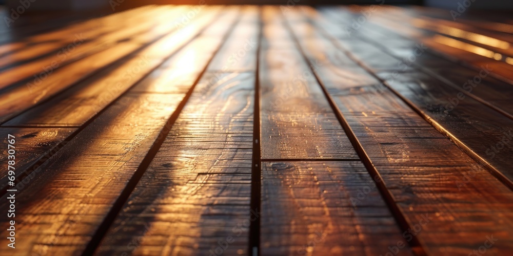 Poster A close-up view of a wooden table with sunlight shining on it. Perfect for adding warmth and natural elements to your designs