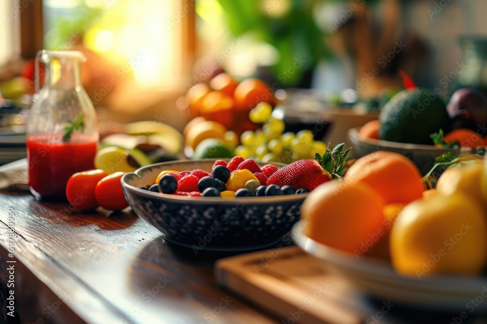 Poster a wooden table displaying an assortment of fresh and colorful fruits. perfect for food and nutrition