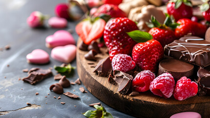 A traditional and romantic holiday snack is offered through a Valentine's Day charcuterie board featuring sweets, raspberries, strawberries, chocolate, and cookies. generative AI - Powered by Adobe