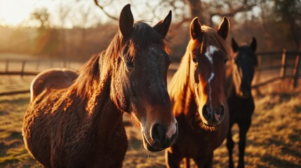 Two horses standing next to each other in a field. Suitable for equestrian themes and outdoor activities