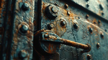A close-up photograph of a rusted metal door handle. This image can be used to depict decay, age, or neglect. It can also be used to represent old buildings or abandoned spaces