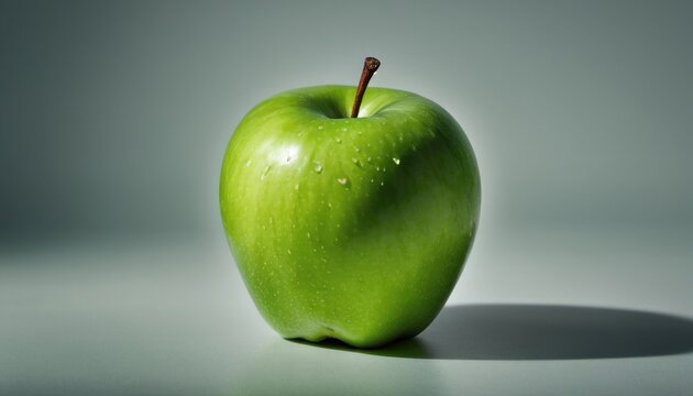  a close up of a green apple on a table with water droplets on the top of the apple and the bottom half of the apple with water droplets on it.