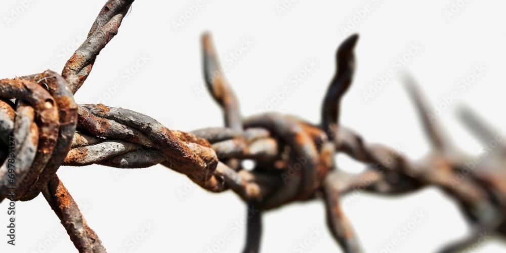 Poster A detailed view of a barbed wire fence. This image can be used to depict security, confinement, or boundaries
