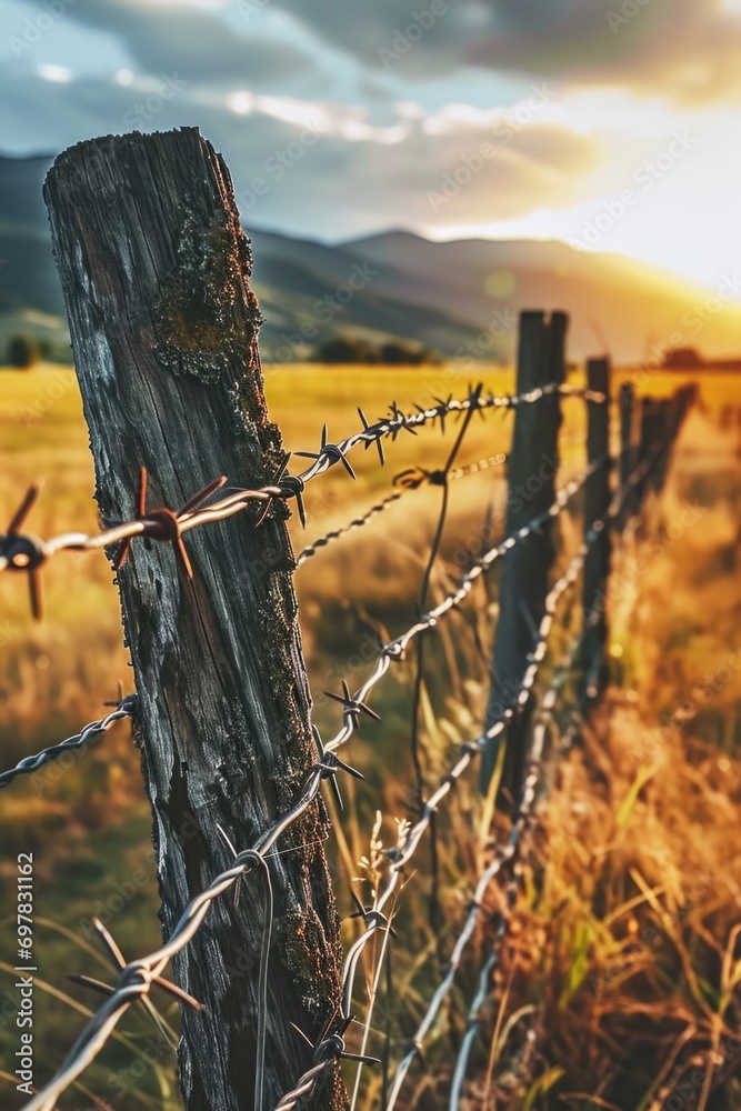Aufkleber Barbed wire fence in a field with majestic mountains in the background. Suitable for depicting concepts of boundaries, isolation, security, and natural landscapes