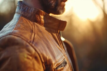 A man with a beard wearing a leather jacket. Suitable for fashion, lifestyle, and outdoor-themed projects