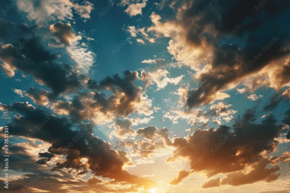 Poster a picturesque sunset with the sun setting behind the clouds. perfect for various projects and design