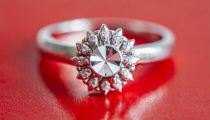 Close up of diamond silver ring close up, red background 