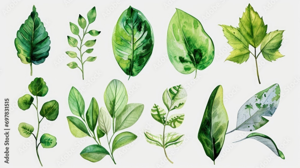 Poster a collection of fresh green leaves placed on a clean white background. suitable for various design p