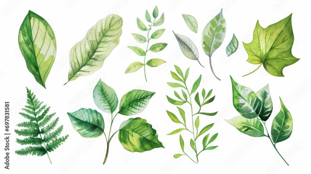 Poster a set of watercolor leaves on a clean, white background. perfect for adding a natural and artistic t