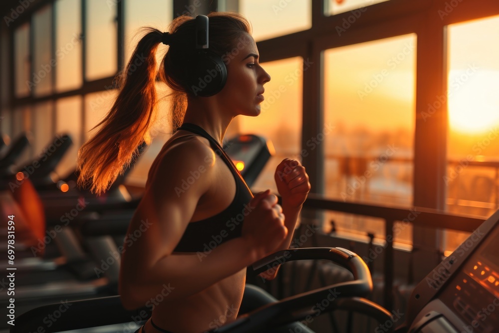 Aufkleber a woman running on a treadmill. suitable for fitness and exercise concepts