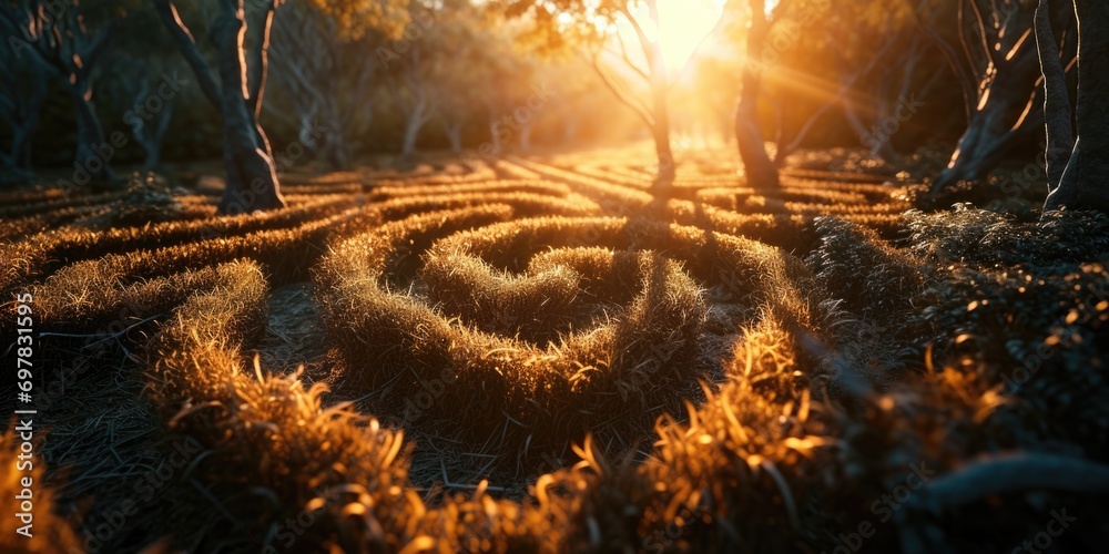 Fototapete A captivating circular maze set in the middle of a vast field. Perfect for editorial pieces or educational materials on problem-solving and navigation