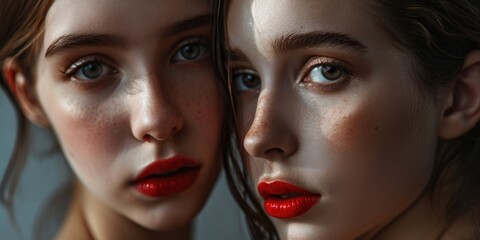 Two young women with red lipstick are looking directly at each other. This image can be used to depict friendship, beauty, diversity, or communication