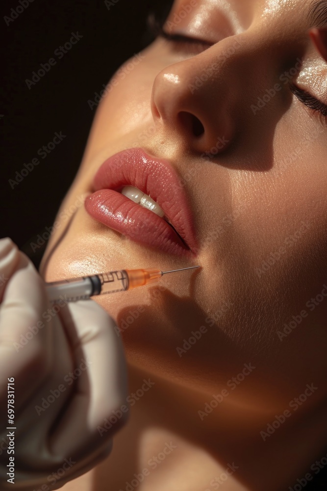 Poster A close-up view of a person getting an injection. This image can be used to illustrate medical procedures or healthcare concepts