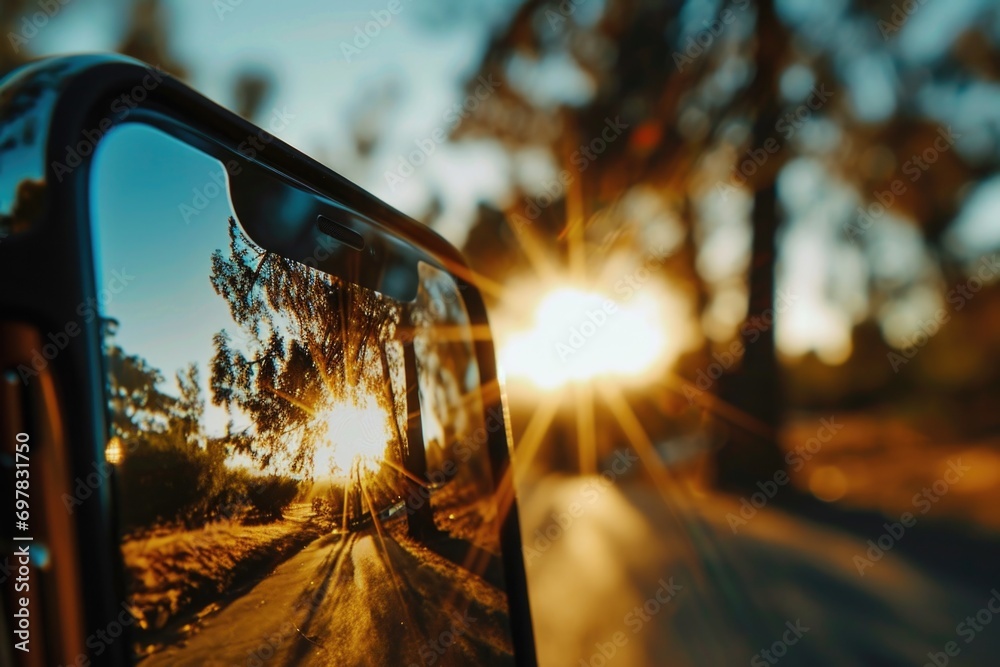 Poster Side view mirror of a car on a road. Suitable for automotive and transportation-related themes