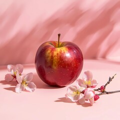 "A captivating red apple adorned with golden touches rests against a soft, pink backdrop. The formation of delicate pink blossoms and the gentle play of light around it exude an aura of enchantment an