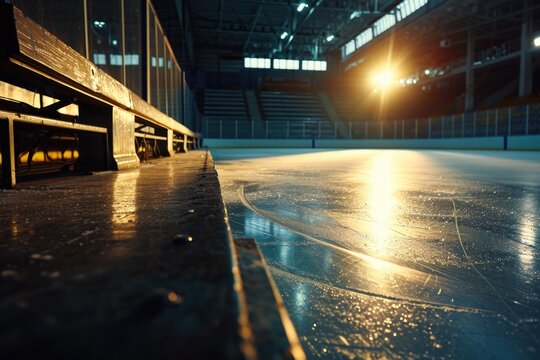 A picture of a hockey rink with a bench and lights. Perfect for sports-themed designs or illustrating ice hockey concepts