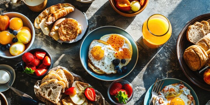 A table adorned with a variety of breakfast foods. Perfect for showcasing a delicious morning meal.