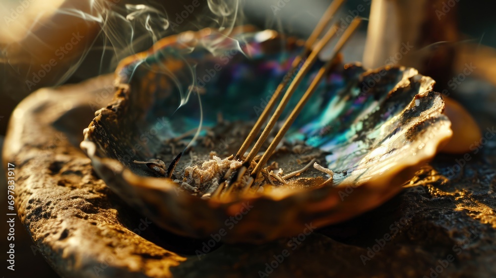 Poster a bowl with incense sticks sticking out of it. perfect for creating a calming and peaceful atmospher