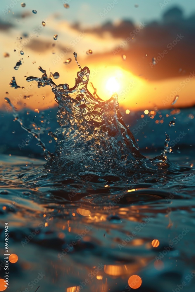 Poster A dynamic image capturing a splash of water on top of a body of water. Perfect for illustrating the concept of motion, energy, or the refreshing feeling of water.