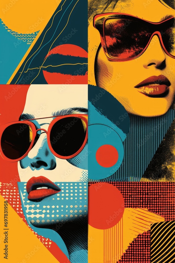 Poster a collage featuring a woman wearing sunglasses and a hat. this versatile image can be used in variou