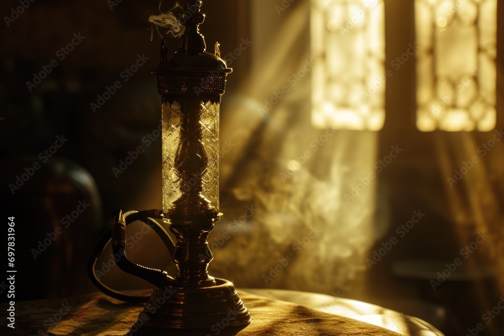 Poster A candle sitting on a table in front of a window. Suitable for adding warmth and ambiance to any space