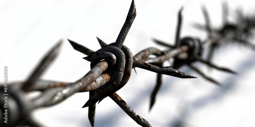 Poster a detailed view of a barbed wire fence. this image can be used to portray concepts such as security,