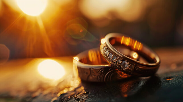 Two wedding rings sitting on top of a wooden table. Perfect for wedding invitations and jewelry advertisements