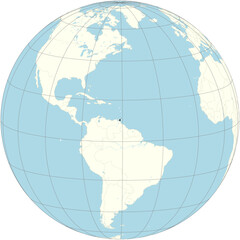 Trinidad and Tobago are shown in the center of the orthographic projection of the world map. It is a country in .the Caribbean.