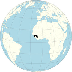 Guinea is shown in the center of the orthographic projection of the world map. Also known as Guinea-Conakry, it is a country in West Africa.