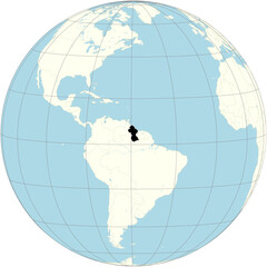 Guyana is shown in the center of the orthographic projection of the world map. It is a country in South America.