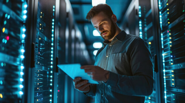 The system administrator checks the data in the data centre, server room