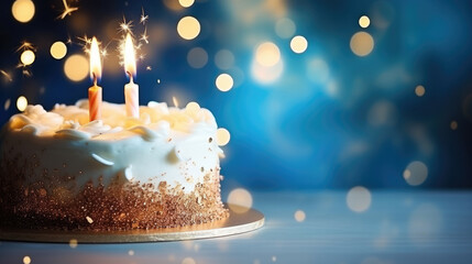 Cake with burning candles and sparks from Bengal lights on a blue background with lights