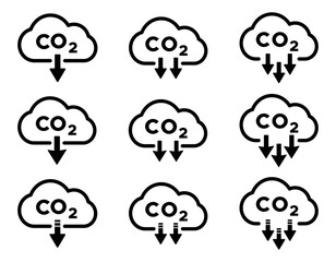 Colorful trendy CO2 reduction flat graphic vector icons collection