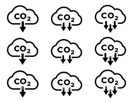 Colorful trendy CO2 reduction flat graphic vector icons collection