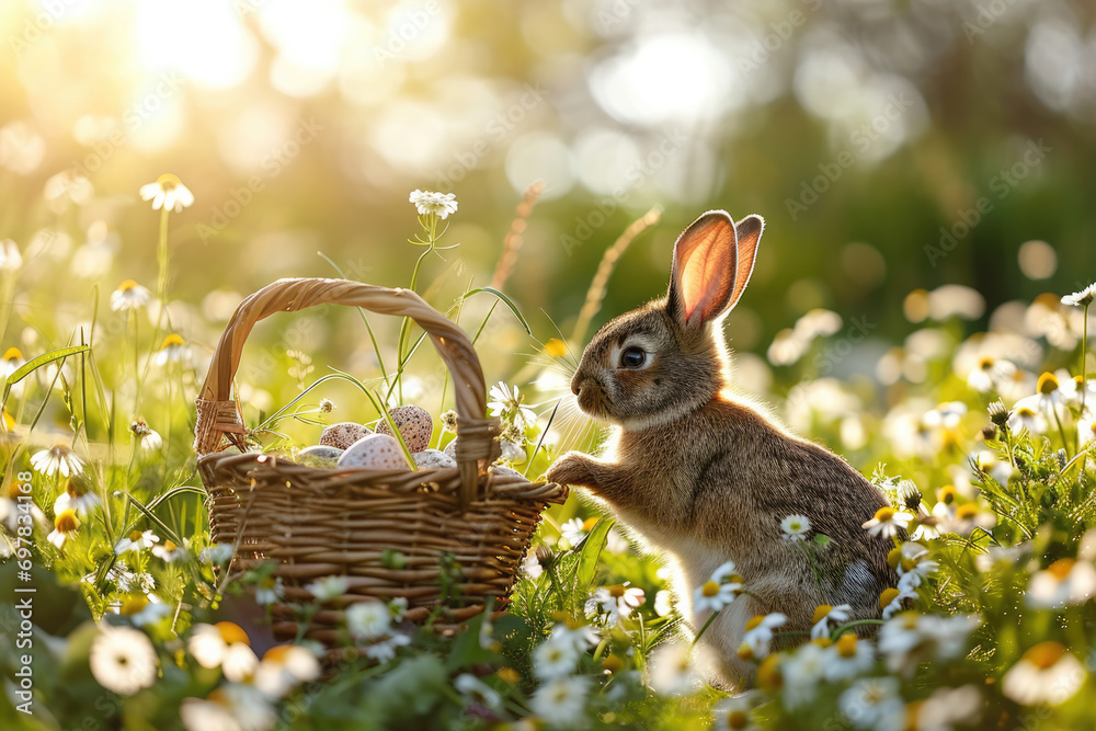 Wall mural a rabbit next to a basket of eggs in a flowering meadow with daisies, easter day