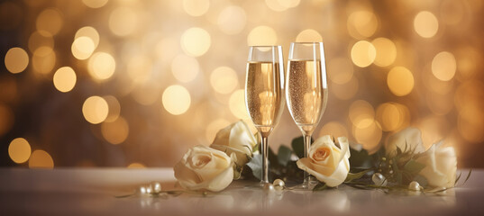 Two glasses of champagne over blur spots golden decoration lights background.