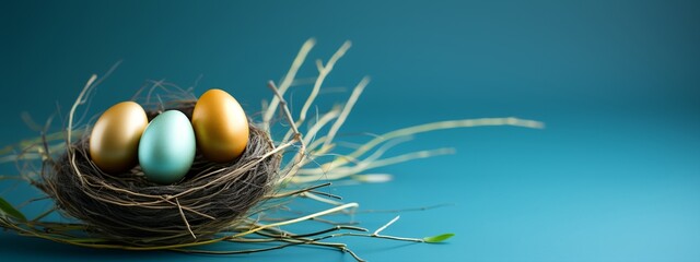 a nest of eggs on a blue background