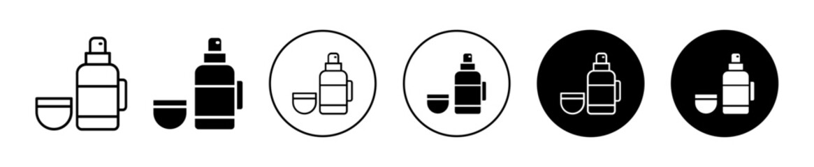 thermos icon. stainless steel metal tea or coffee or boiling hot or cold water liquid container with handle and cup for travel. thermal flask bottle mug vector. hot drink beverage thermos tumbler set