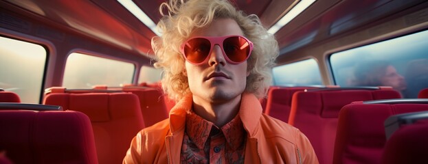 a man with blonde hair and red sunglasses on a train