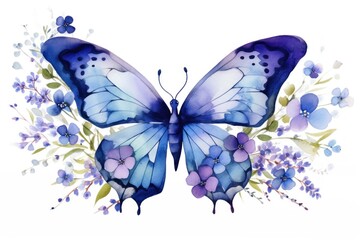 Illustration of Butterfly and blooming flowers isolated on white background. In purple blue colors. Ideal for use in greeting card designs, wall art, or spring-themed advertisements.