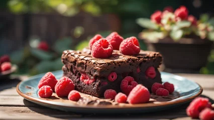 Fotobehang Chocolate brownie cake with raspberries in summer garden © KatBaid