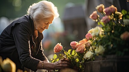 Remembrance Blooms: A Woman's Grief and Hope Captured, navigating the complex emotions of grief and hope as she holds flowers and gazes at a memorial grave stone. - obrazy, fototapety, plakaty