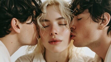 Blond woman in a white shirt kissed by two men. Trio relationship concept. Intimate moment in a romantic trio. Complex relationships and connection. Contemporary love and intimacy. Polygamy
