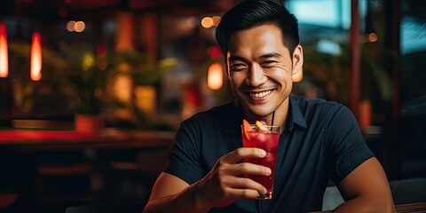 An Asian man sits at a lively nightclub bar, enjoying a cocktail with a cheerful and relaxed demeanor. - obrazy, fototapety, plakaty