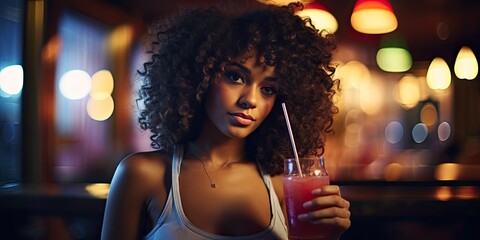 A young black woman enjoying a refreshing smoothie outdoors with a relaxed and confident expression.