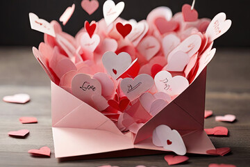 Heartfelt Valentine notes Express love with heart shaped notes bursting from an envelope