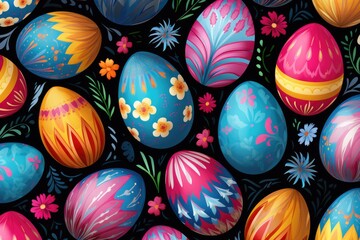 Fototapeta na wymiar Bright Easter eggs with patterns on dark background